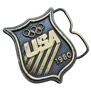 Vintage US Olympics solid brass belt buckle 1980 team USA  rings emblem Bergamot